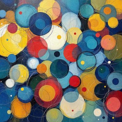 The primary subject of the image is a painting featuring a variety of circles and other shapes. The setting is a canvas, and the visual style is a mix of digital art and illustration. The dominant colors in the painting are red, yellow, and blue, creating a vibrant and lively atmosphere.